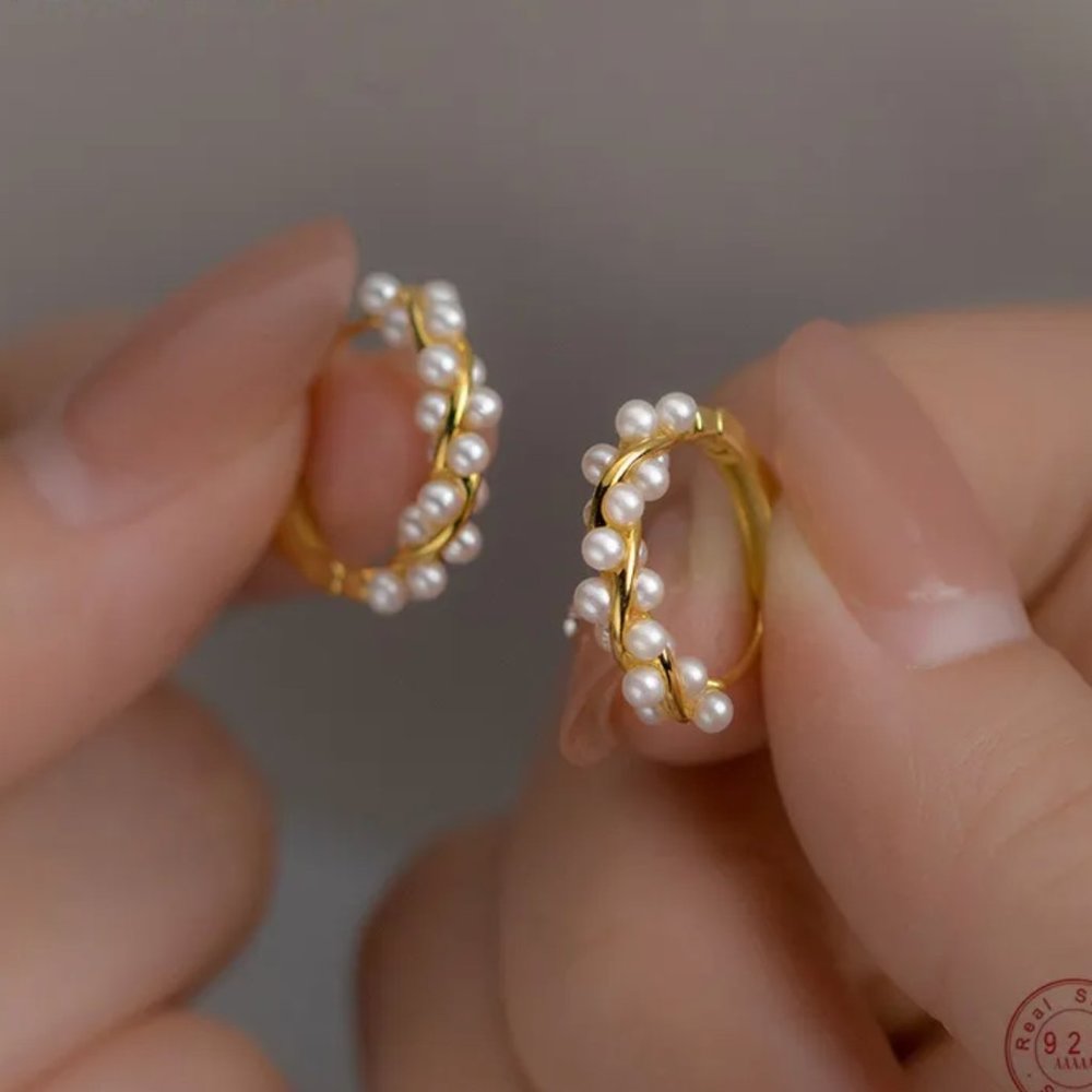 925 Sterling Silver Vintage French Twist Synthetic Pearl Huggies Hoop Earrings
